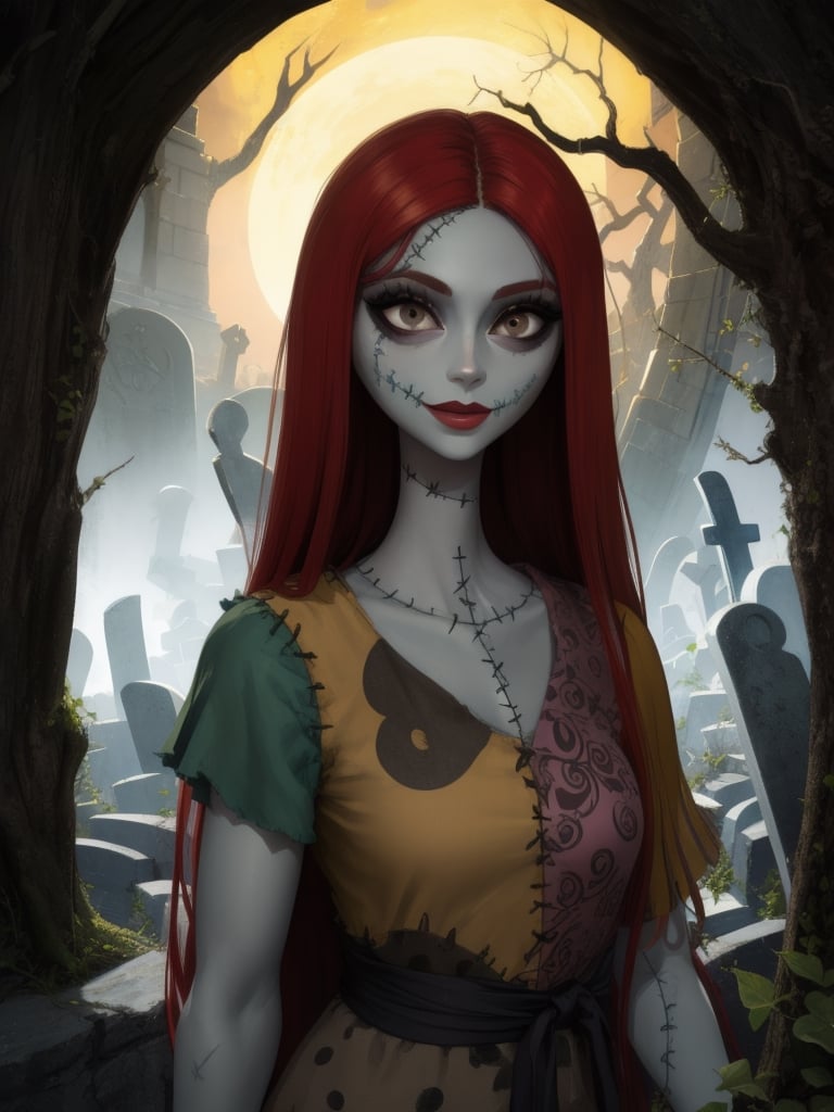 Sally, colored skin,stitches,long red hair, stitched face, lips,  small pupils,  black eyes,  large eyes, 
dress,smile, 
standing,  upper body,  garden, 
 yellow moonlight,  graveyard, dead trees, 
(insanely detailed, beautiful detailed face, masterpiece, best quality) 