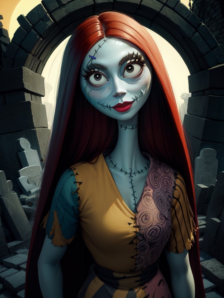 Sally, colored skin,stitches,long red hair, stitched face, lips,  small pupils,  black eyes,  large eyes, 
dress,smile, 
standing,  upper body,  garden, 
 yellow moonlight,  graveyard, dead trees, 
(insanely detailed, beautiful detailed face, masterpiece, best quality) 