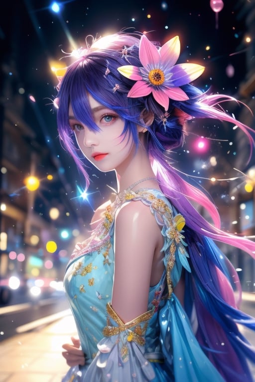 Watercolor painting, (Beautifully Aesthetic:1.2), (1girl:1.3), (colorful hair:1.2), water, liquid, natta, colorful, little Purple and yellow anemone flowers bloom around, Anemone blooming on the head, beautiful night, Starry sky, It's raining, Sateen, Fantastic night out,watercolor, snow white princess, 
,1 girl,midjourney,yuzu