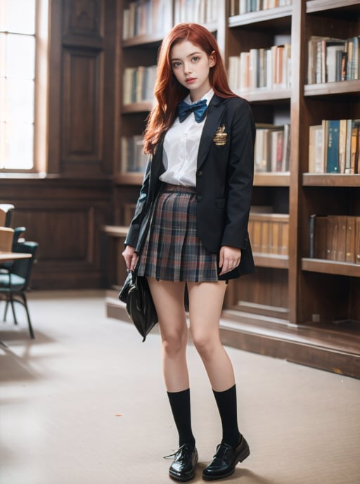a girl in lobby library, full body, school uniform, red hair, detail eyes, realistic, long hair, raw photo