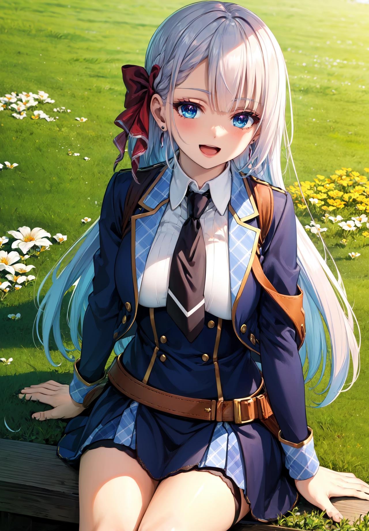 masterpiece, best quality, outdoors, field, flower field,riseliaray, 1girl, looking at viewer, solo, sitting, smile, open mouth, eyelashes, arms support, bangs, jacket, blue jacket, white shirt, collared shirt, jewelry, necktie, black necktie, blush, breasts, skirt, blue skirt, open jacket, virtual youtuber,<lora:LoRA_Riselia:1>, 