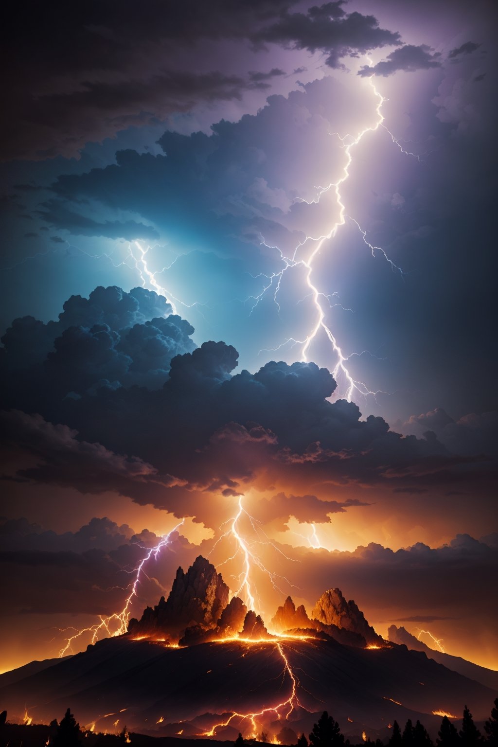 (best quality, UHD, ultra-detailed, masterpiece), (ultra-realistic, photorealistic), A breathtaking UHD portrait depicting the imposing Thunder God, his electrifying lightning strikes illuminating the sky in vibrant violet and cyan hues. Rendered with the precision of the Luminous Studio graphics engine and the brilliance of Octane render, the scene is enveloped in a cloudy haze, with fiery embers dancing around his thunderous crown.