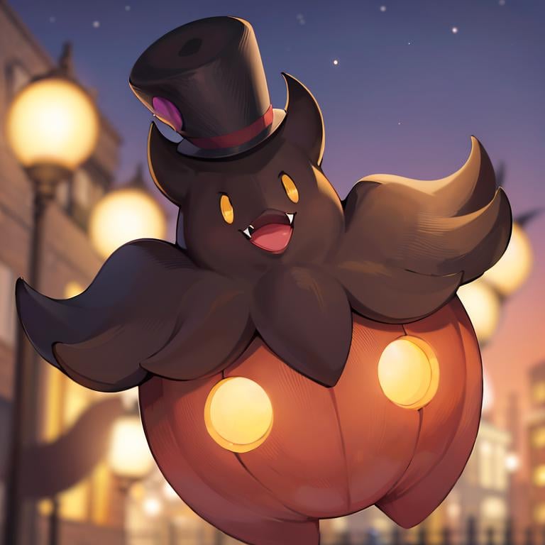 ((masterpiece,best quality)), absurdres,<lora:Pumpkaboo_Pokemon_Anime:0.8>, Pumpkaboo_Pokemon, no humans, pokemon \(creature\), top hat,solo, smiling, looking at viewer,night sky,