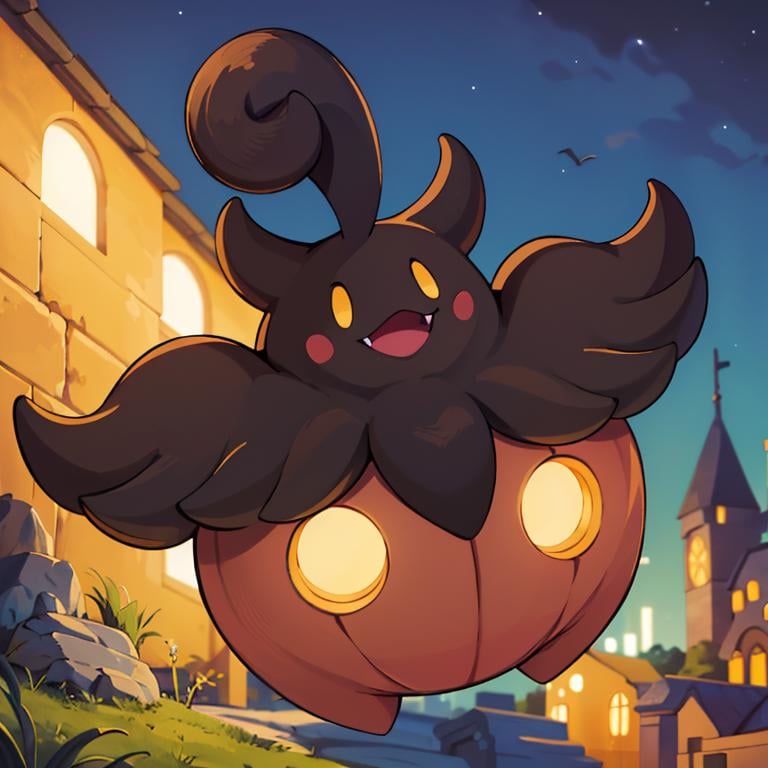 ((masterpiece,best quality)), absurdres,<lora:Pumpkaboo_Pokemon_Anime:0.8>, Pumpkaboo_Pokemon, no humans, pokemon \(creature\), ,solo, smiling, looking at viewer,night sky,
