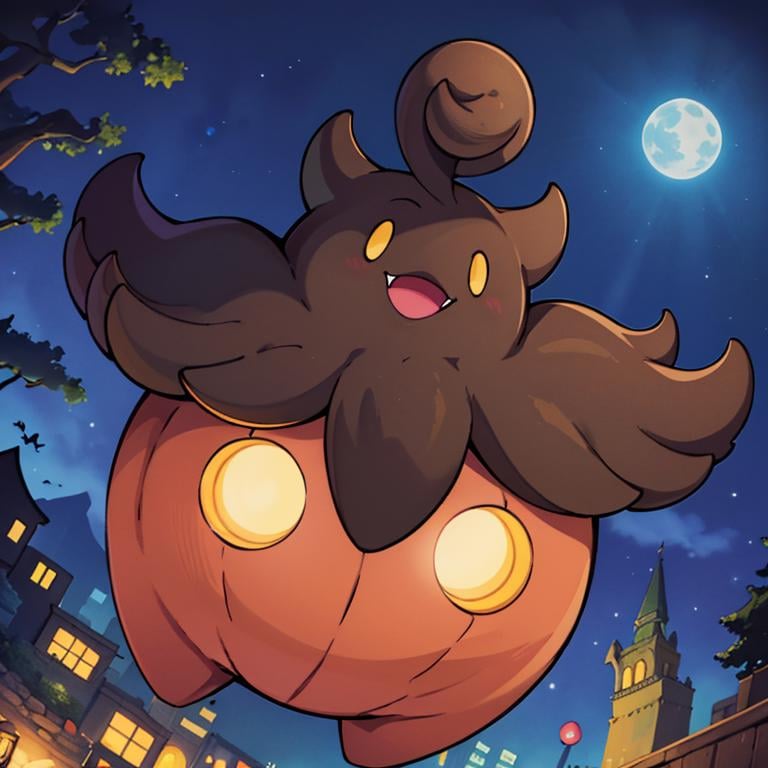 ((masterpiece,best quality)), absurdres,<lora:Pumpkaboo_Pokemon_Anime:0.8>, Pumpkaboo_Pokemon, no humans, pokemon \(creature\), ,solo, smiling, looking at viewer,night sky,