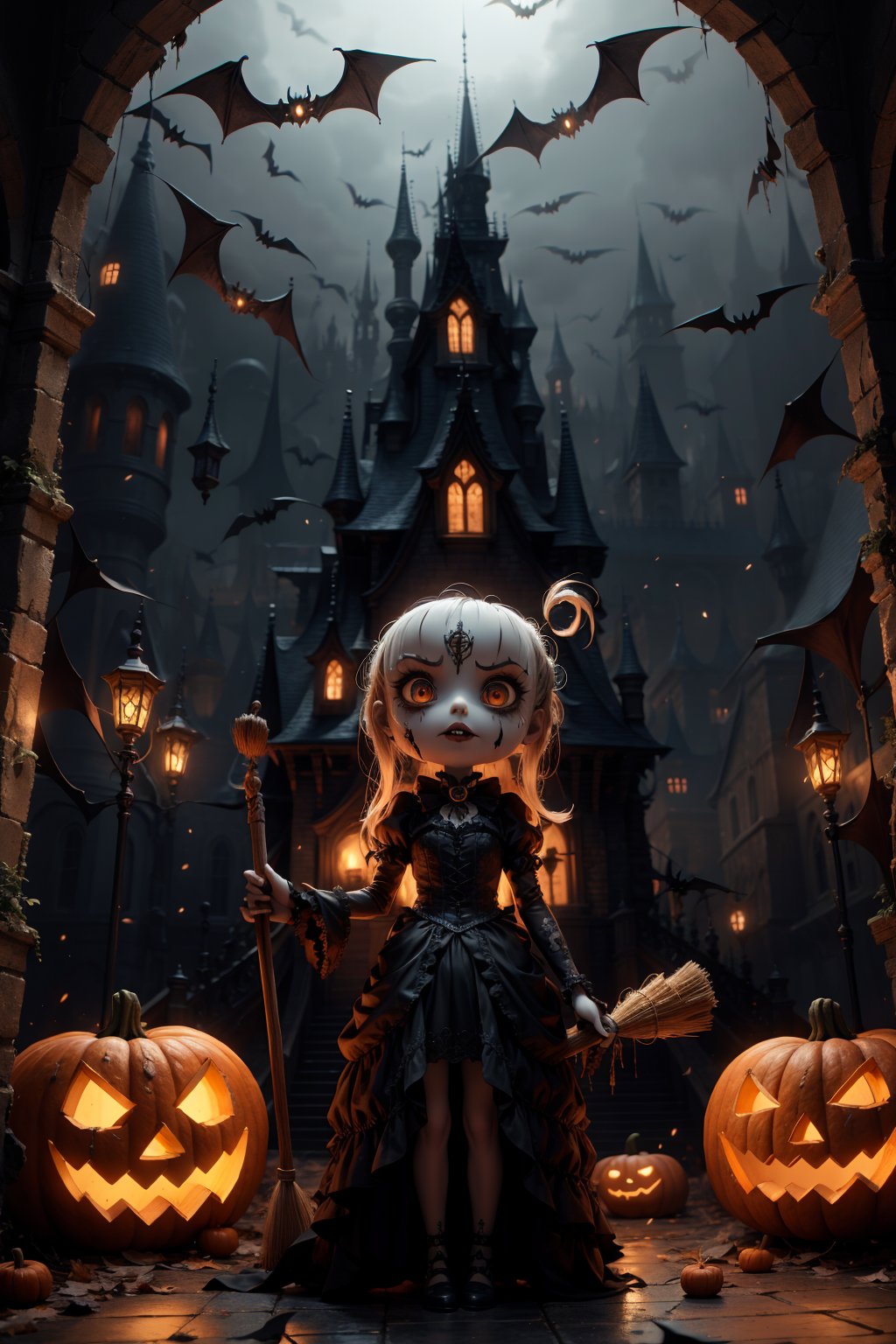 1girl,,gothic style,,, holloween party, Sony RX100 VII with Built-in 24-200mm f-2.8-4.5, vampire costume, pumkin, bat, broom, dynamic angle, gothic, castle, . dark, mysterious, haunting, dramatic, ornate, detailed,, Jack-o'-lantern