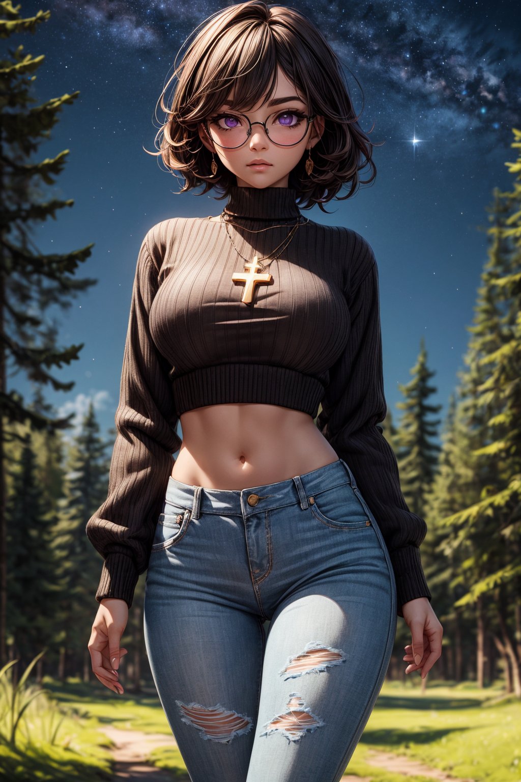 (Highres), (Detailed Illustration), Ultra-Detailed, 8k,highres, masterpiece, best quality, highres, 
1girl, solo, purple eyes, glasses, black hair, short hair, large breasts, long sleeves, navel, jewelry, pants, necklace, bracelet, black sweater, tattoo, turtleneck, thigh gap, cross, denim, jeans, cross necklace, latin cross, inverted cross, cowboy shot, looking at viewer, outdoors, forest, field, night, sky, night sky, Add more detail