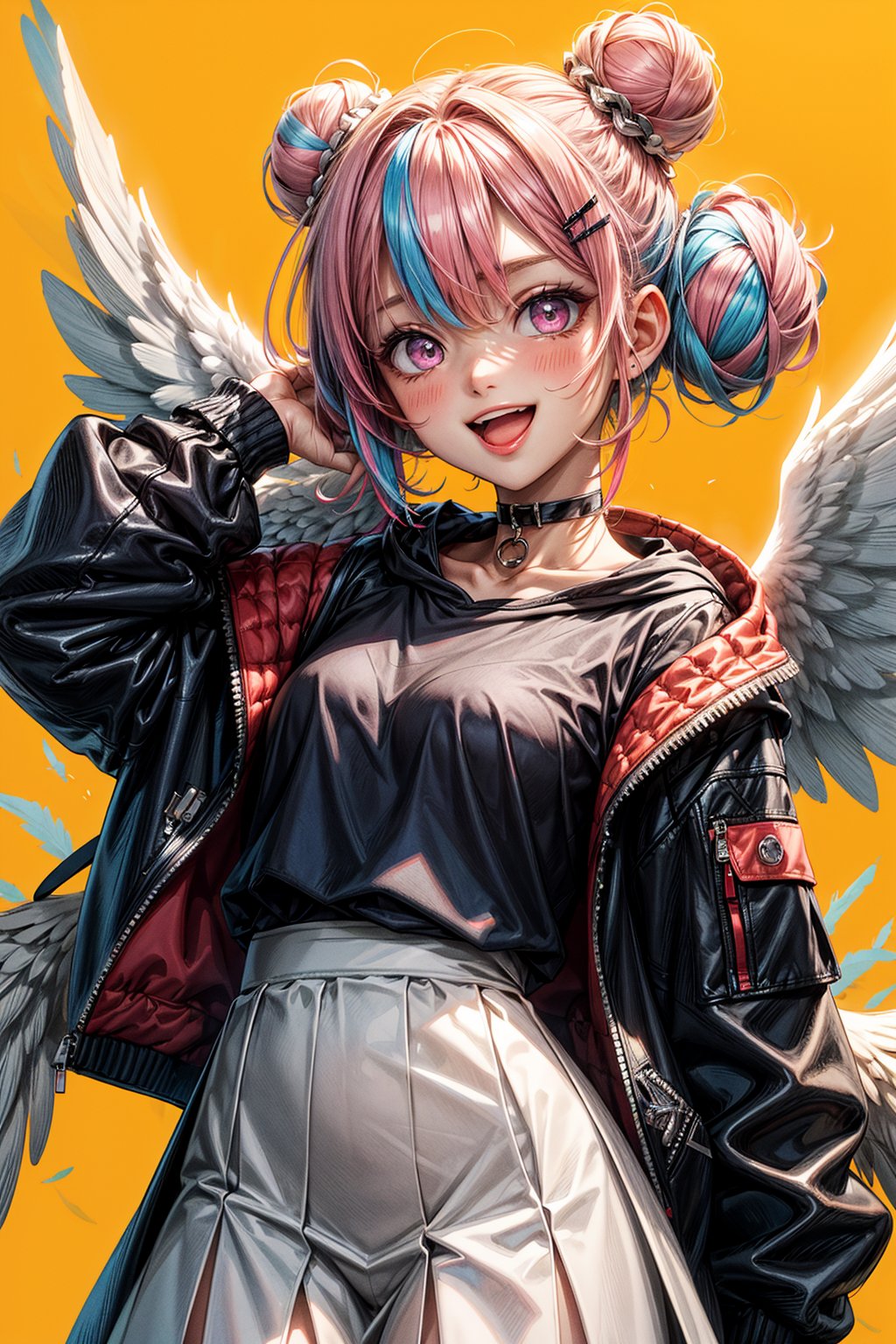 masterpiece, best quality, 1girl, solo, looking_at_viewer, smile, open_mouth, skirt, simple_background, shirt, hair_ornament, blue_hair, jacket, pink_hair, :d, multicolored_hair, pleated_skirt, wings, choker, hairclip, hood, pink_eyes, hair_bun, chibi, black_shirt, double_bun, black_choker, blush_stickers, white_skirt, yellow_background, feathered_wings, angel_wings, white_wings,Add more detail