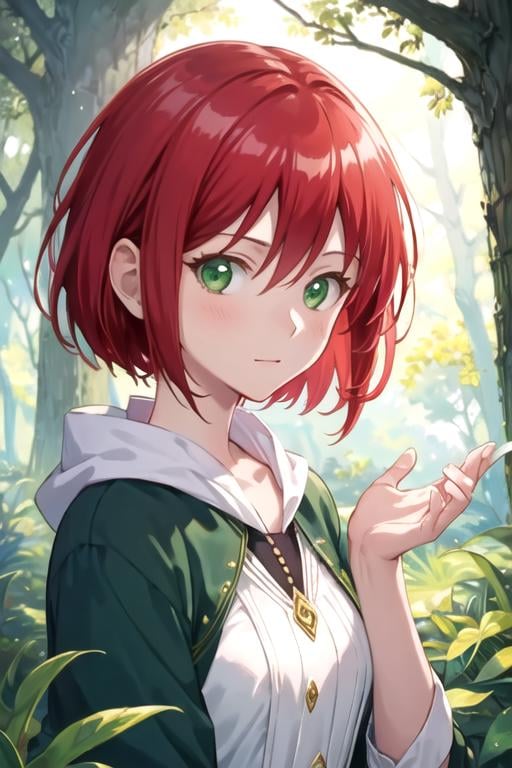 masterpiece, best quality, illustration, 1girl, solo, looking at viewer, , , , , <lora:shirayuki-hime:0.74>, shirayuki-hime, red hair, green eyes, , An enchanted forest where magical creatures and plants abound, High resolution