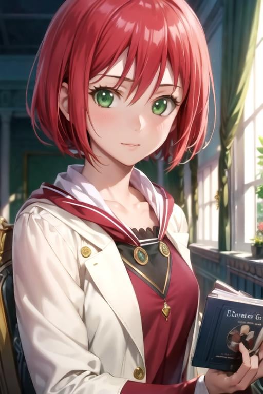 masterpiece, best quality, movie still, 1girl, solo, looking at viewer, upper body, depth of field, anime coloring, , <lora:shirayuki-hime:0.74>, shirayuki-hime, red hair, green eyes, , feminist science fiction, Blu-ray