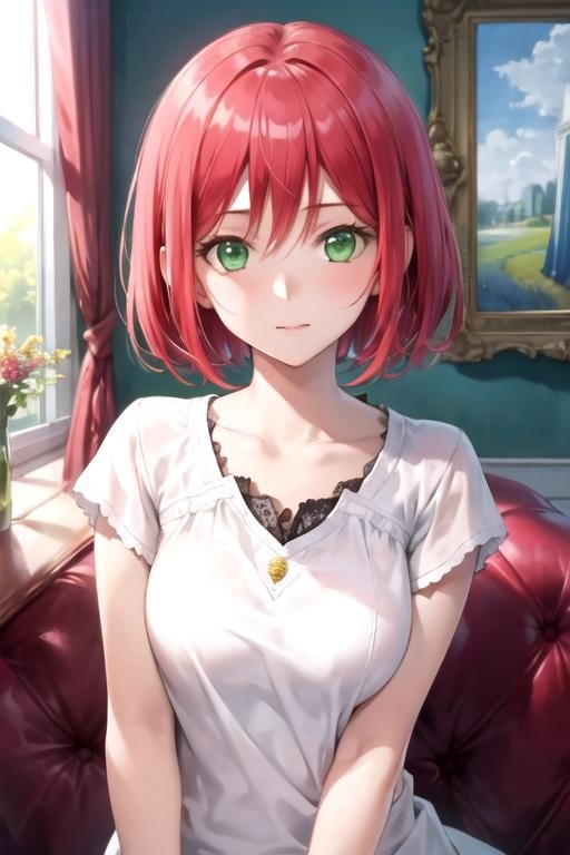 masterpiece, best quality, wallpaper, 1girl, solo, looking at viewer, upper body, , (watercolor illustration, soft pastel colors:1.1), , <lora:shirayuki-hime:0.68>, shirayuki-hime, red hair, green eyes, , ,