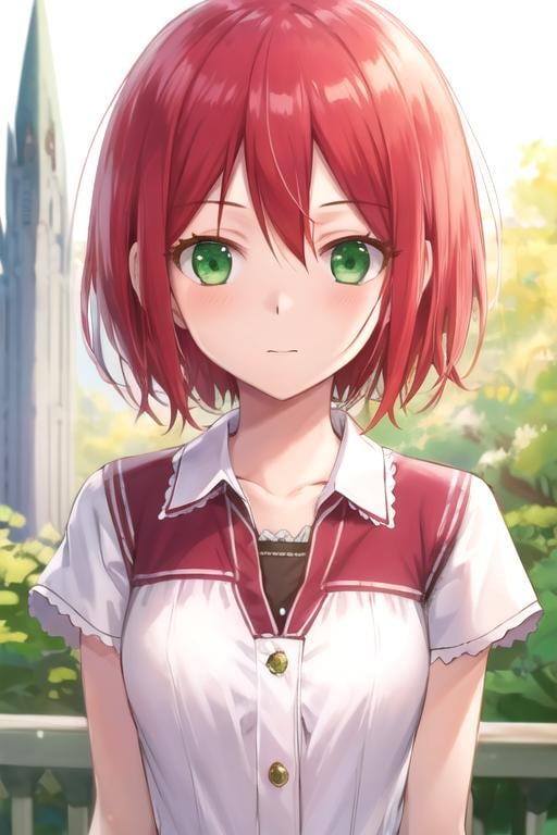 masterpiece, best quality, sketch, 1girl, solo, looking at viewer, upper body, depth of field, , , <lora:shirayuki-hime:0.66>, shirayuki-hime, red hair, green eyes, , minaret,