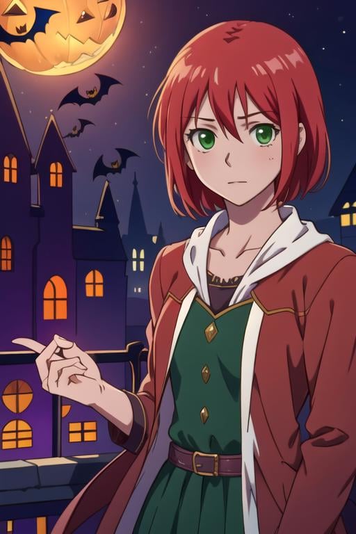 masterpiece, best quality, , 1girl, solo, looking at viewer, , depth of field, anime coloring, realistic, <lora:shirayuki-hime:0.70>, shirayuki-hime, red hair, green eyes, halloween costume, The City of Glas,