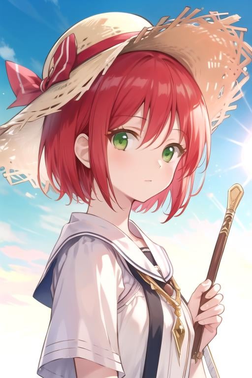 masterpiece, best quality, wallpaper, 1girl, solo, looking at viewer, upper body, depth of field, , , <lora:shirayuki-hime:0.72>, shirayuki-hime, red hair, green eyes, , sun hat, ,