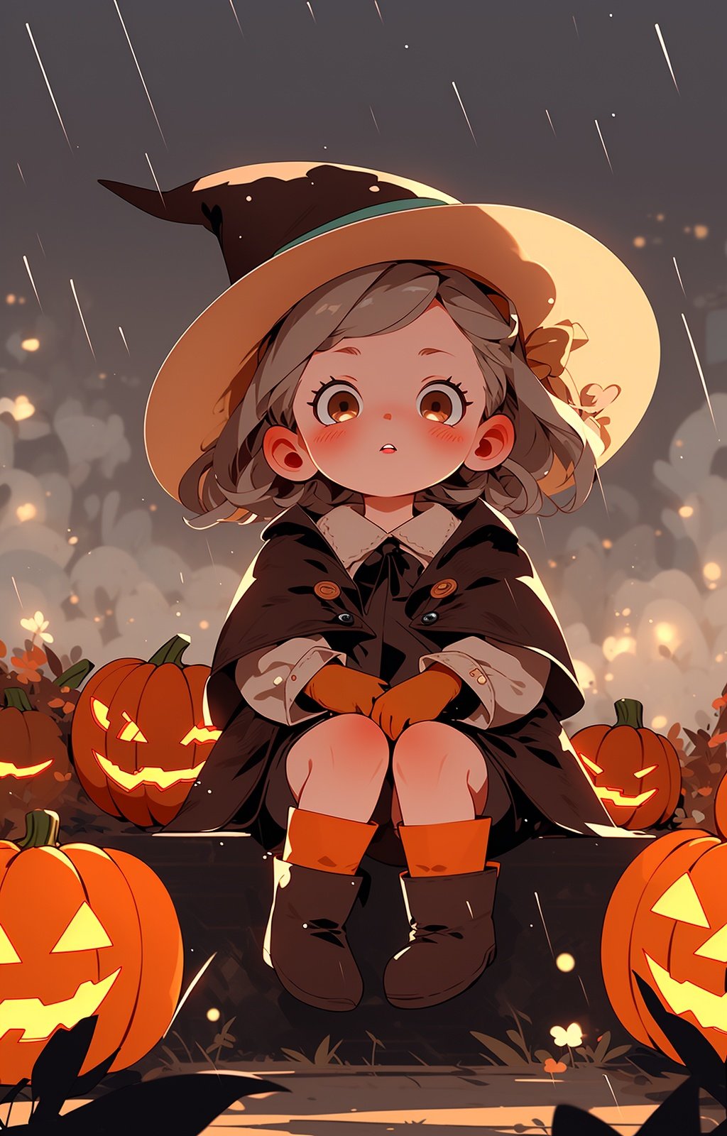 night, jack-o'-lantern, hat, witch hat, pumpkin, 1girl, blush, short hair, boots, looking at viewer, brown eyes, gloves, sitting, halloween, brown footwear, rain, parted lips, long sleeves, solo, brown gloves, grey hair, child, outdoors