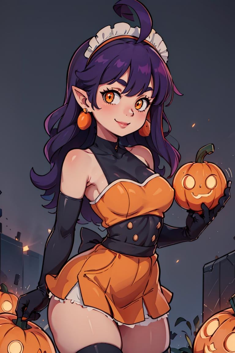 centered, award winning upper body portrait, cowboy shot, (looking at viewer:1.2), |<lora:Stardust_Pumpkins_Citron_OC_Anime:0.8>, Stardust_Pumpkins_Citron_OC, 1girl, solo, long purple hair,  orange eyes, ahoge, pointy ears, orange dress, elbow gloves, bare shoulders, maid headdress, jewelry, earrings, solo, smiling, side view, contrapposto, | graveyard, pumpkins in background, | bokeh, depth of field, cinematic composition, | 