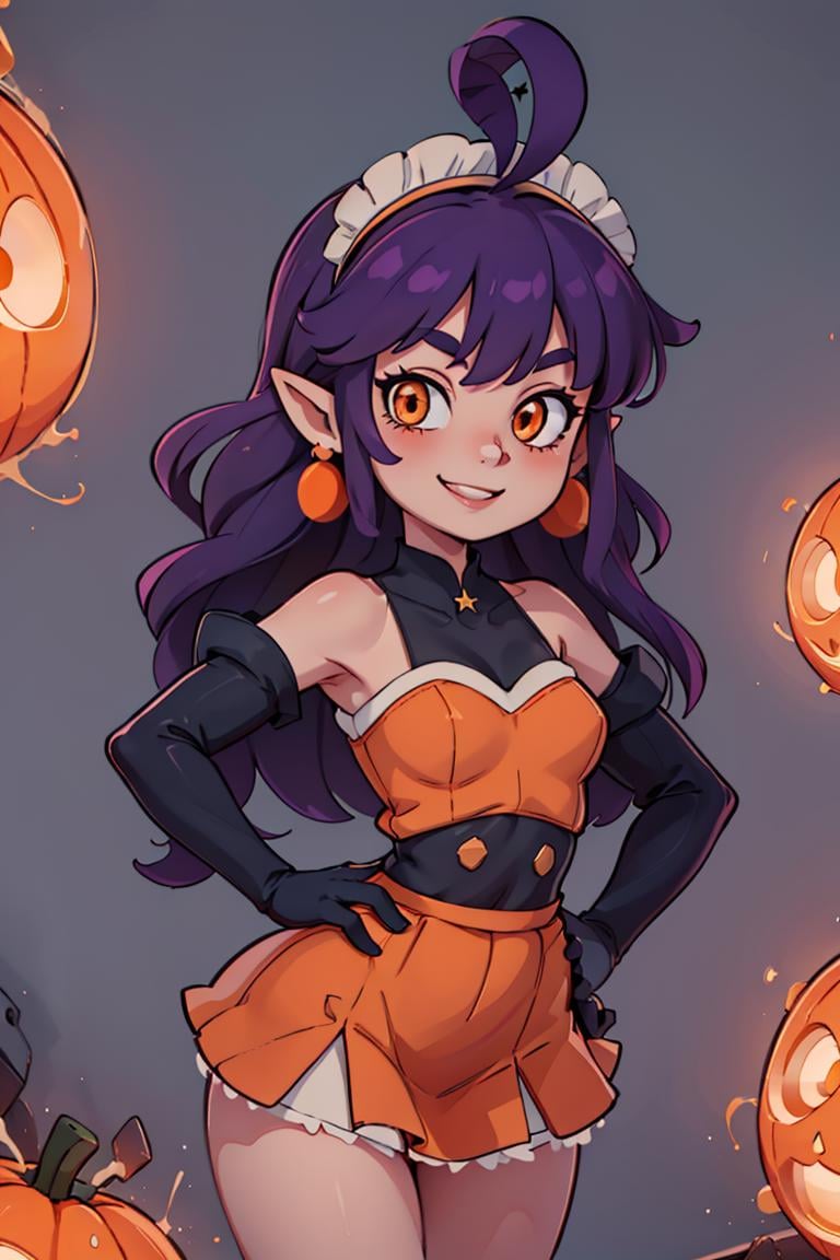 ((masterpiece,best quality)), absurdres,<lora:Stardust_Pumpkins_Citron_OC_Anime:0.8>, Stardust_Pumpkins_Citron_OC, 1girl, solo, long purple hair,  orange eyes, ahoge, pointy ears, orange dress, elbow gloves, bare shoulders, maid headdress, jewelry, earrings, solo, smiling, looking at viewer, cowboy shot, cinematic composition, hands on hips, contrapposto, 