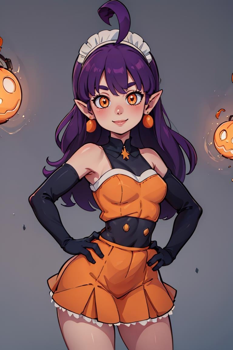 ((masterpiece,best quality)), absurdres,<lora:Stardust_Pumpkins_Citron_OC_Anime:0.8>, Stardust_Pumpkins_Citron_OC, 1girl, solo, long purple hair,  orange eyes, ahoge, pointy ears, orange dress, elbow gloves, bare shoulders, maid headdress, jewelry, earrings, solo, smiling, looking at viewer, cowboy shot, cinematic composition,  hands on hips, contrapposto, 