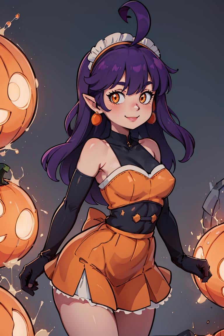 ((masterpiece,best quality)), absurdres,<lora:Stardust_Pumpkins_Citron_OC_Anime:0.8>, Stardust_Pumpkins_Citron_OC, 1girl, solo, long purple hair,  orange eyes, ahoge, pointy ears, orange dress, elbow gloves, bare shoulders, maid headdress, jewelry, earrings, solo, smiling, looking at viewer, cowboy shot, cinematic composition,  side view, contrapposto, 