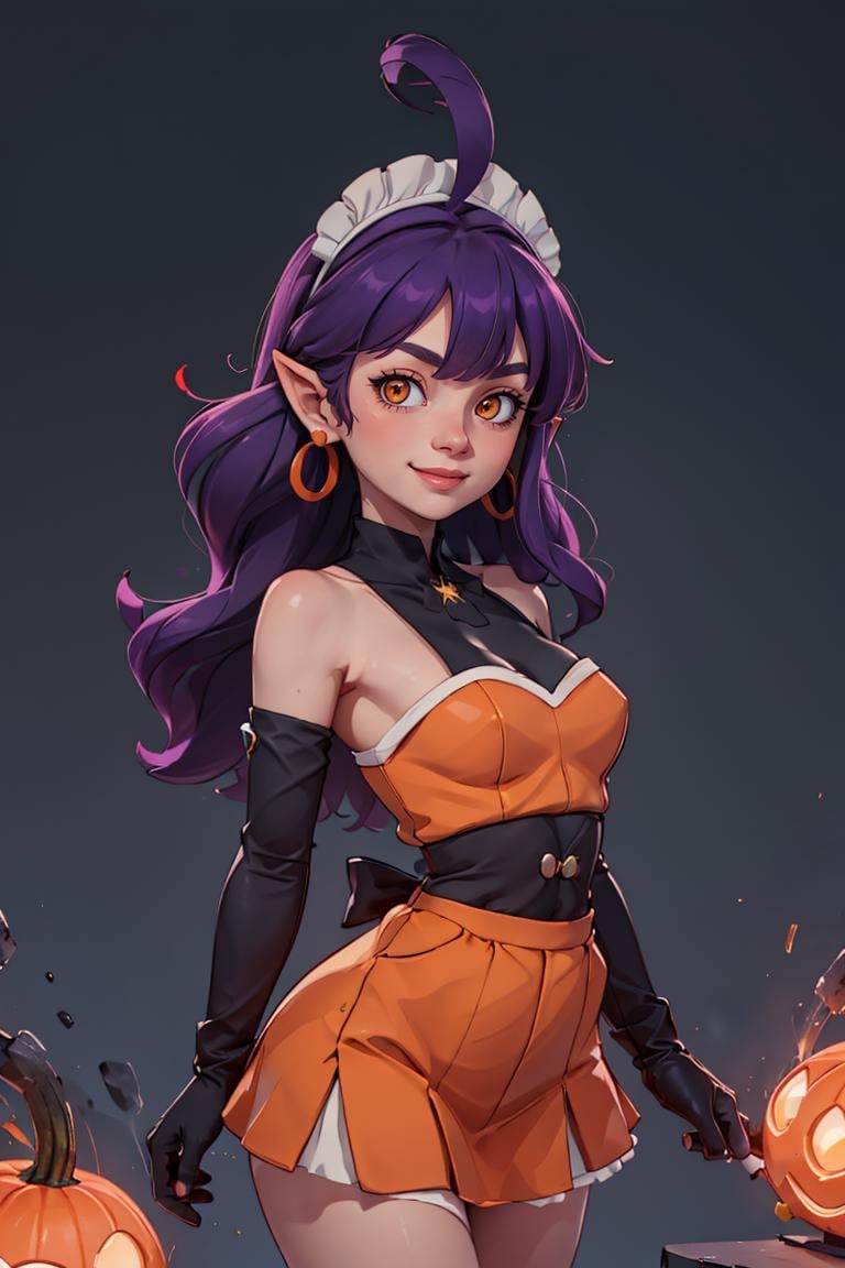 centered, award winning upper body portrait, cowboy shot, (looking at viewer:1.2), |<lora:Stardust_Pumpkins_Citron_OC_Anime:0.8>, Stardust_Pumpkins_Citron_OC, 1girl, solo, long purple hair,  orange eyes, ahoge, pointy ears, orange dress, elbow gloves, bare shoulders, maid headdress, jewelry, earrings, solo, smiling, side view, contrapposto, | | bokeh, depth of field, cinematic composition, | 