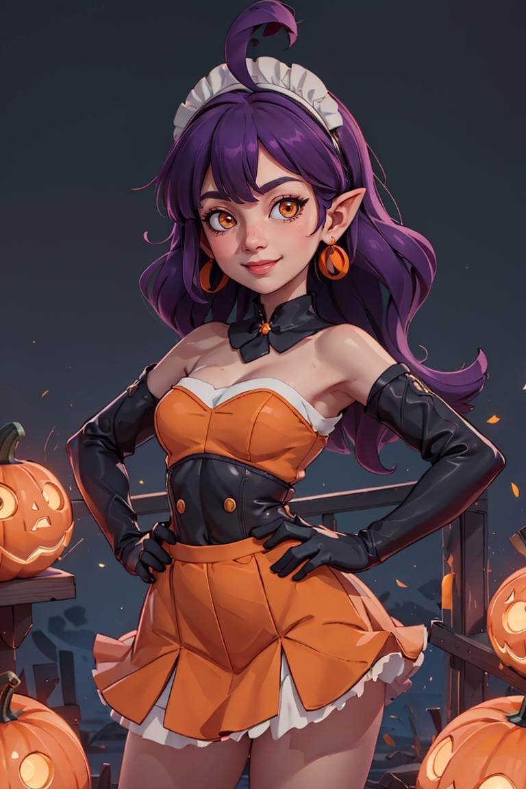 centered, award winning upper body portrait, cowboy shot, (looking at viewer:1.2), |<lora:Stardust_Pumpkins_Citron_OC_Anime:0.8>, Stardust_Pumpkins_Citron_OC, 1girl, solo, long purple hair,  orange eyes, ahoge, pointy ears, orange dress, elbow gloves, bare shoulders, maid headdress, jewelry, earrings, solo, smiling, hands on hips, contrapposto, | graveyard, pumpkins in background, | bokeh, depth of field, cinematic composition, | 