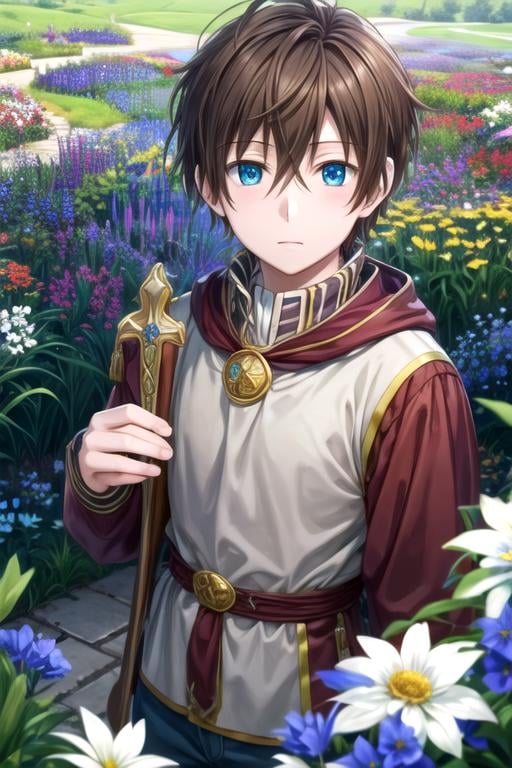 masterpiece, best quality, game cg, 1boy, solo, male focus, looking at viewer, , , anime coloring, , <lora:ryuu_akagami_no_shirayuki-hime:0.68>, ryuu_akagami_no_shirayuki-hime, brown hair, blue eyes, viking costume, field of flowers,