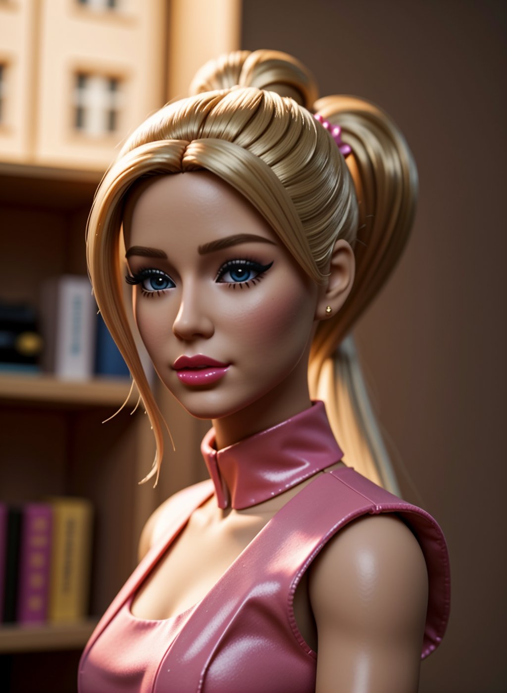 (Best quality, 8k, 32k, Masterpiece, UHD:1.2), plastic doll with blonde hair standing at a dolls house, perfect pony tail hairstyle, makeup, plastic doll, detailed plastic body, wearing a pink dress, hyper-realistic cg, unreal engine, DollMe,,<lora:659111690174031528:1.0>