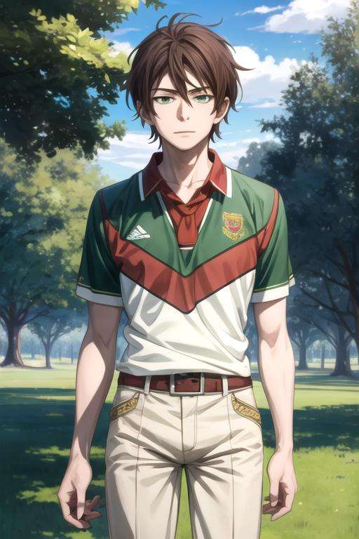 masterpiece, best quality, sketch, 1boy, solo, male focus, looking at viewer, , , anime coloring, realistic, <lora:raji_shenazard:0.70>, raji_shenazard, brown hair, green eyes, rugby shirt, , Oz: A land of enchantment, where anything is possible, HD-DVD