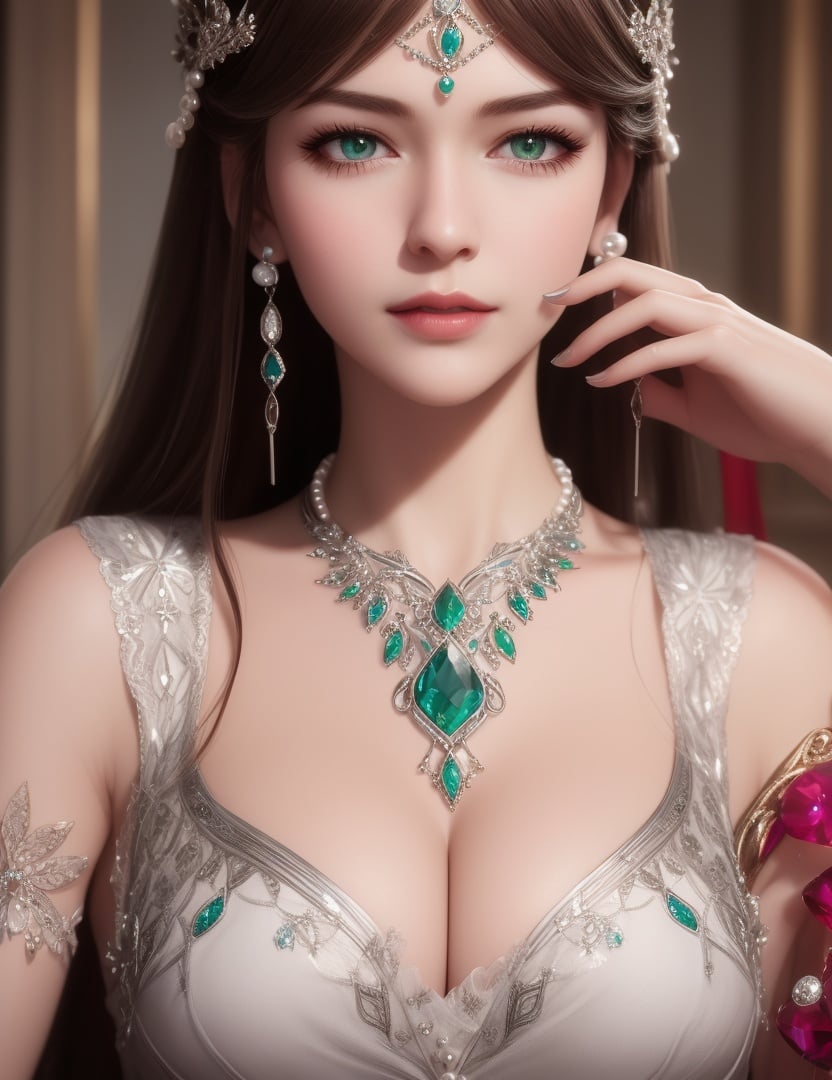 ultra realistic 8k cg, picture-perfect face, flawless, clean, masterpiece, professional artwork, famous artwork, cinematic lighting, cinematic bloom, perfect face, beautiful face, beautiful eyes, fantasy, dreamlike, unreal, science fiction, huge breasts, beautiful clothes, absurdly long hair, very long hair, (rich:1.4), prestige, luxury, jewelry, diamond, gold, pearl, gem, sapphire, ruby, emerald, intricate detail, delicate pattern, charming, alluring, seductive, erotic, enchanting, hair ornament, necklace, earrings, bracelet, armlet,((1girl, ))    <lora:DA_宁荣荣神装NingRongrongGodClothes:0.6>