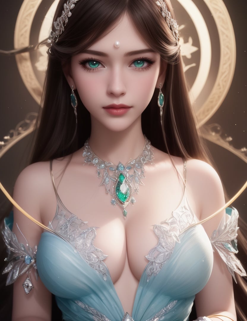 ultra realistic 8k cg, picture-perfect face, flawless, clean, masterpiece, professional artwork, famous artwork, cinematic lighting, cinematic bloom, perfect face, beautiful face, beautiful eyes, fantasy, dreamlike, unreal, science fiction, huge breasts, beautiful clothes, absurdly long hair, very long hair, (rich:1.4), prestige, luxury, jewelry, diamond, gold, pearl, gem, sapphire, ruby, emerald, intricate detail, delicate pattern, charming, alluring, seductive, erotic, enchanting, hair ornament, necklace, earrings, bracelet, armlet,((1girl,magic_circle, 1girl, magic, solo, dress, electricity, long_hair, glowing, jewelry ))    <lora:DA_宁荣荣神装NingRongrongGodClothes:0.6>