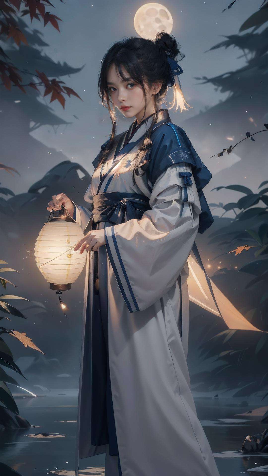 masterpiece, best quality,highres, 1girl, <lora:easttechwear:0.8>\(white, hanfu\), ((moon)), starry sky, (lighting particle), fog,paper lantern, autumn, autumn leaves, 