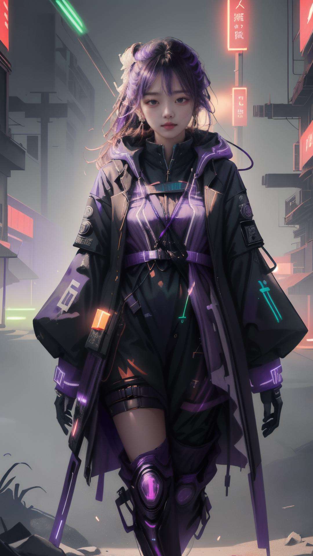 masterpiece, best quality,highres, photorealistic, dramatic lighting, 1girl, (easttechwear\(purple, Neonpunkai\):1.2),slim, monogram, perfect cutting, look at viewer,<lora:easttechwear:0.7>, (hanfu:0.8), mesmerizing glow, <lora:Neonpunkai-8:0.4> 