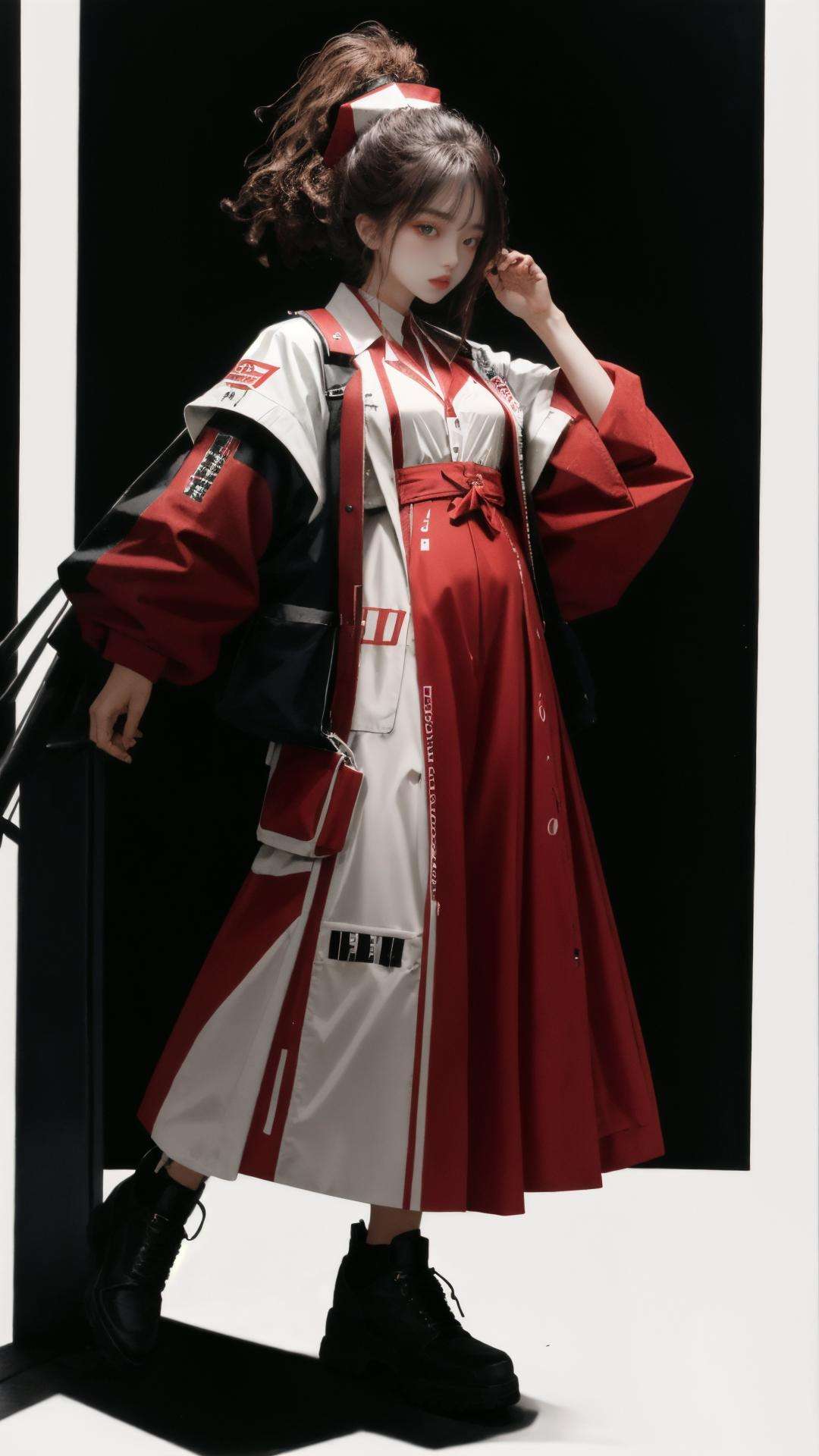 masterpiece, best quality,highres, 1girl, <lora:easttechwear-000002:0.8>\(red and white\), black background, full body