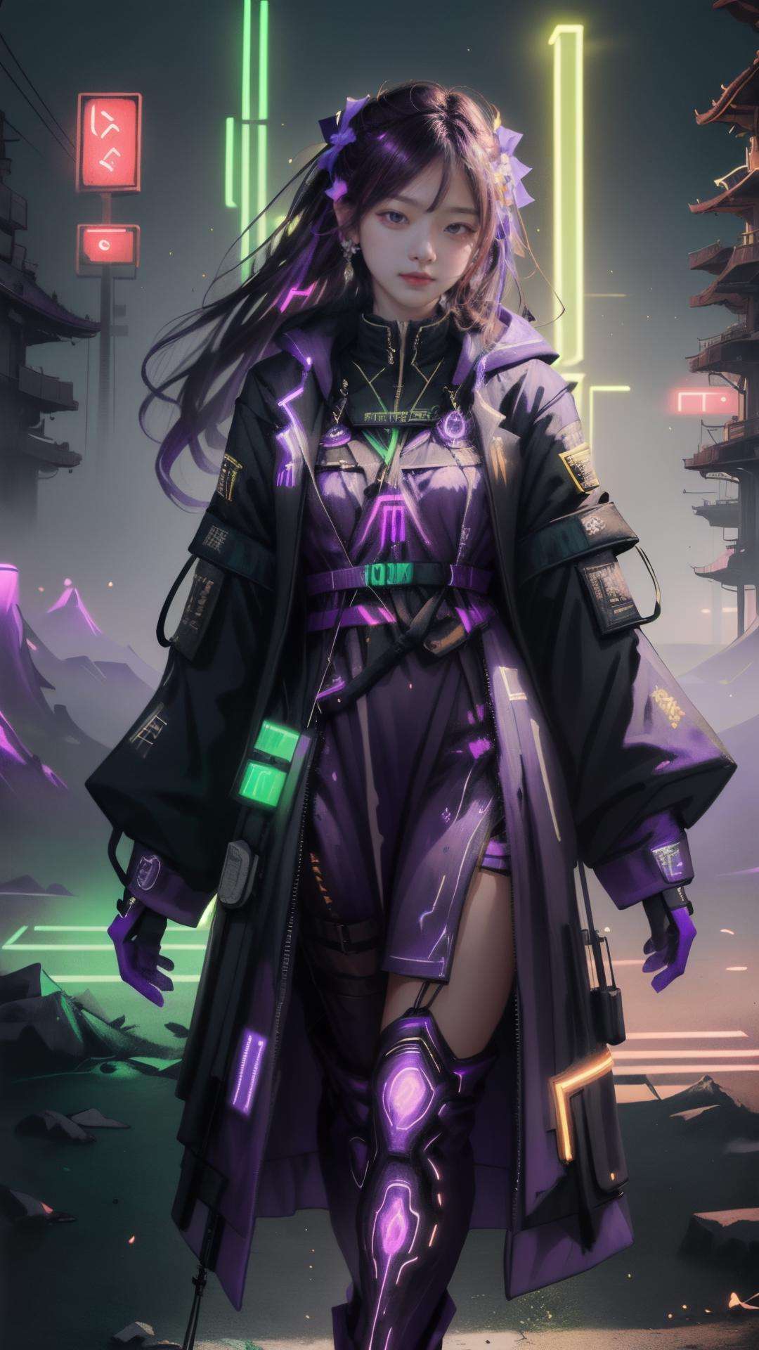 masterpiece, best quality,highres, photorealistic, dramatic lighting, 1girl, (easttechwear\(purple, Neonpunkai\):1.2),slim, monogram, perfect cutting, look at viewer,<lora:easttechwear:0.7>, (hanfu:0.8), mesmerizing glow, <lora:Neonpunkai-8:0.4> 