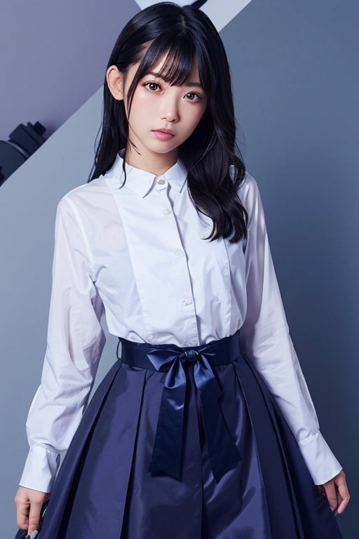 masutepiece, Best Quality, {Best Quality}, {{masutepiece}}, {hight resolution}, Illustration, 1girl in, Inoue Takina, Long hair, Bangs, Black hair, (Purple eyes:1.2), blush, Shirt, Long sleeves, Dress, bow ribbon, School uniform, White shirt, Collared shirt, Belt bag, Neck ribbon, Blue Dress, Green Ribbon, pleated dress, grey dress, two-tone dress, Blue belt, Lycoris Uniform, Looking at Viewer