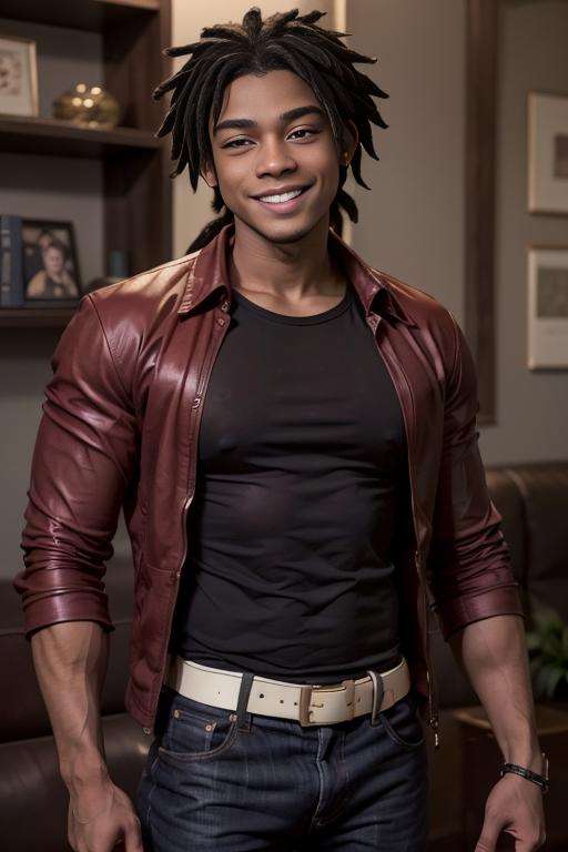 marshall_lee_fionna, young man, 23 years old, muscular, large pectorals, broad shoulders,  shirt, black hair, red jacket, white shirt, upper body, dreadlocks, ponytail,, dark skin, smiling, building, couch,  <lora:marshall_lee_fionna-30:0.6>