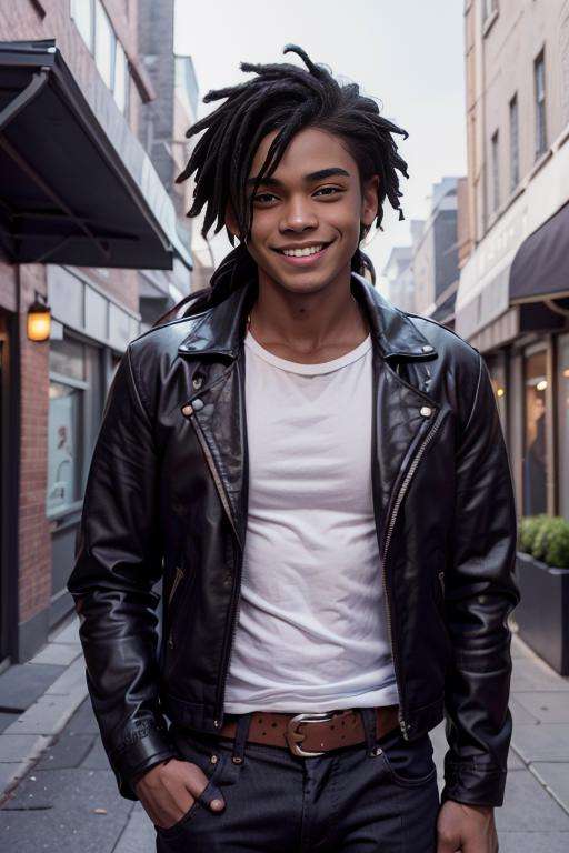 marshall_lee_fionna, young man, 23 years old, muscular, large pectorals, broad shoulders,  black hair, black leather jacket, ((white shirt)), upper body, dreadlocks, ponytail, dark skin, smiling, cafeteria  <lora:marshall_lee_fionna-30:0.6>
