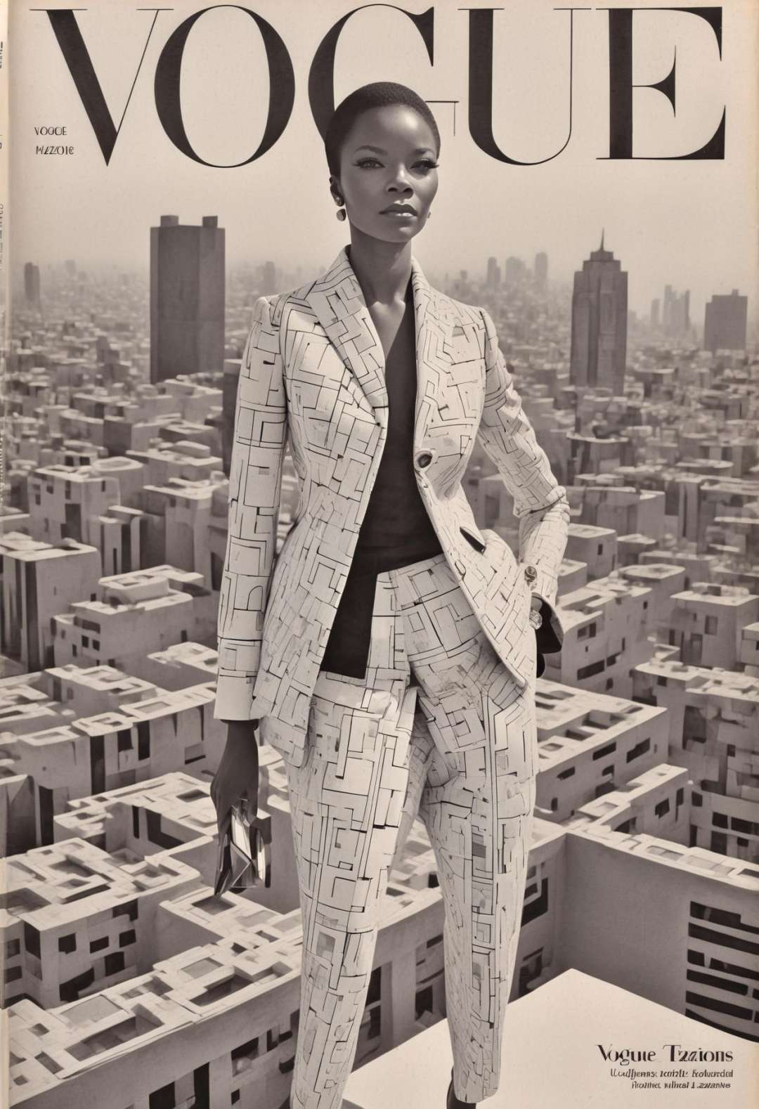 She african geometric patterns, monochrome elegance, sharp contrasts, tailored suit, modern sophistication, Architectural Digest Fashion Feature, urban skyline backdrop.,highly intricate,(VOGUE Cover Magazine:1.15),1968, 60s, black letters, hyper detailed, photorealistic,,