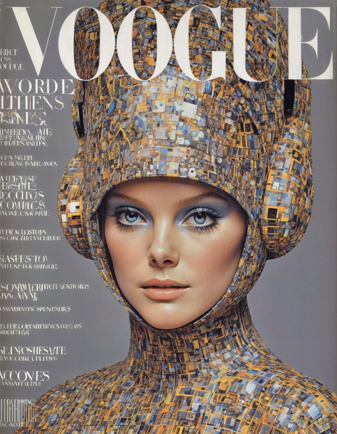 She  tech-inspired fabrics, digital illusions, pixelated prints, virtual reality fashion, cyberspace couture, Wired Fashion Feature, virtual reality headset.,highly intricate,(VOGUE Cover Magazine:1.15),1968, 60s, black letters, hyper detailed, photorealistic,,