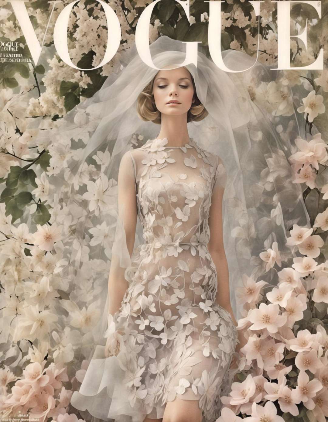 She translucent organza, floral delicacy, blooming petals, sheer elegance, garden party attire, femininity redefined, Marie Claire Editorial, botanical garden backdrop.,highly intricate,(VOGUE Cover Magazine:1.15),1968, 60s, black letters, hyper detailed, photorealistic,,