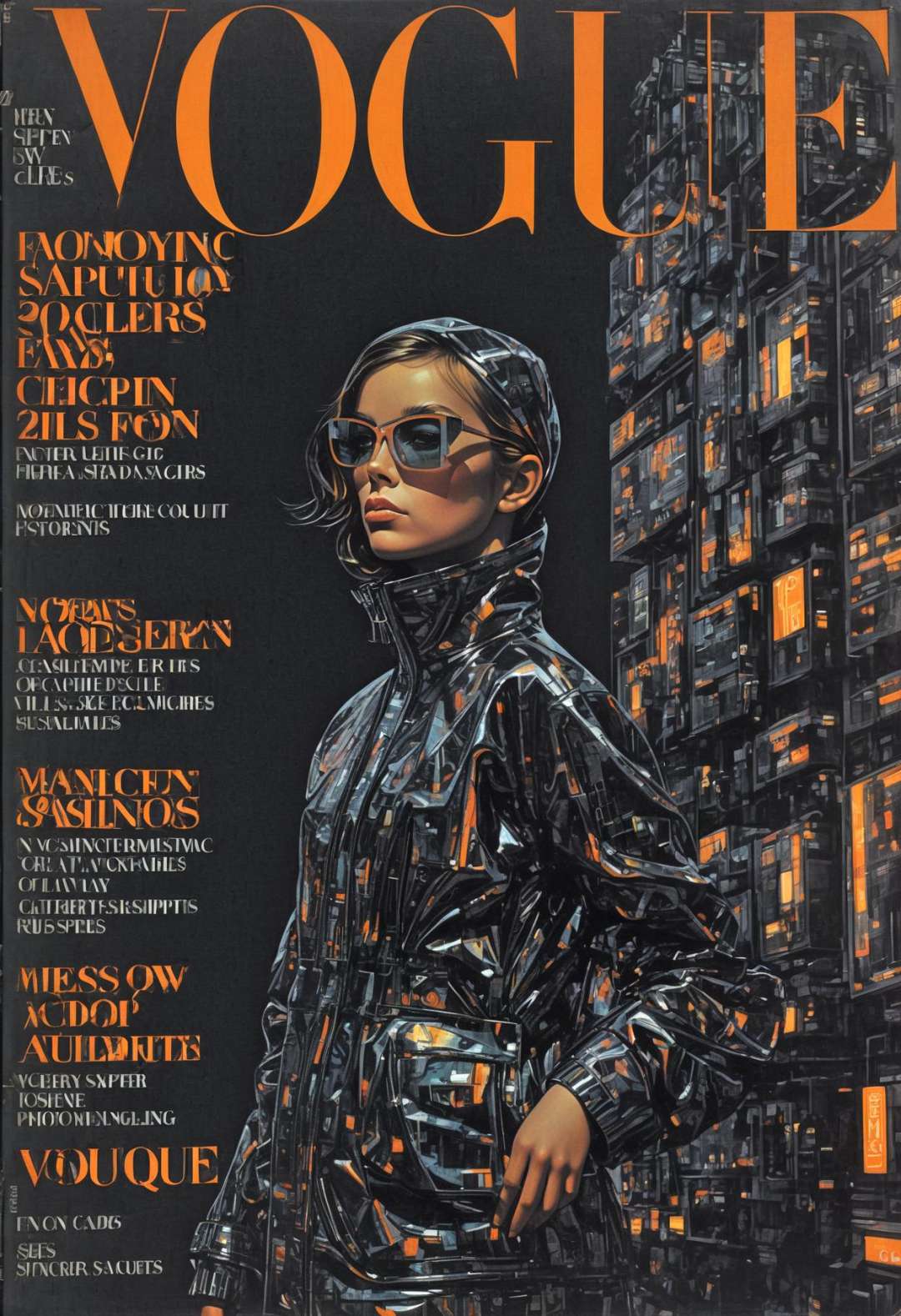 She, futuristic materials, urban chic, neon streetlights, reflective surfaces, avant-garde design, cyberpunk vibes, GQ Style Magazine, neon-lit cityscape.,highly intricate,(VOGUE Cover Magazine:1.15),1968, 60s, black letters, hyper detailed, photorealistic,,