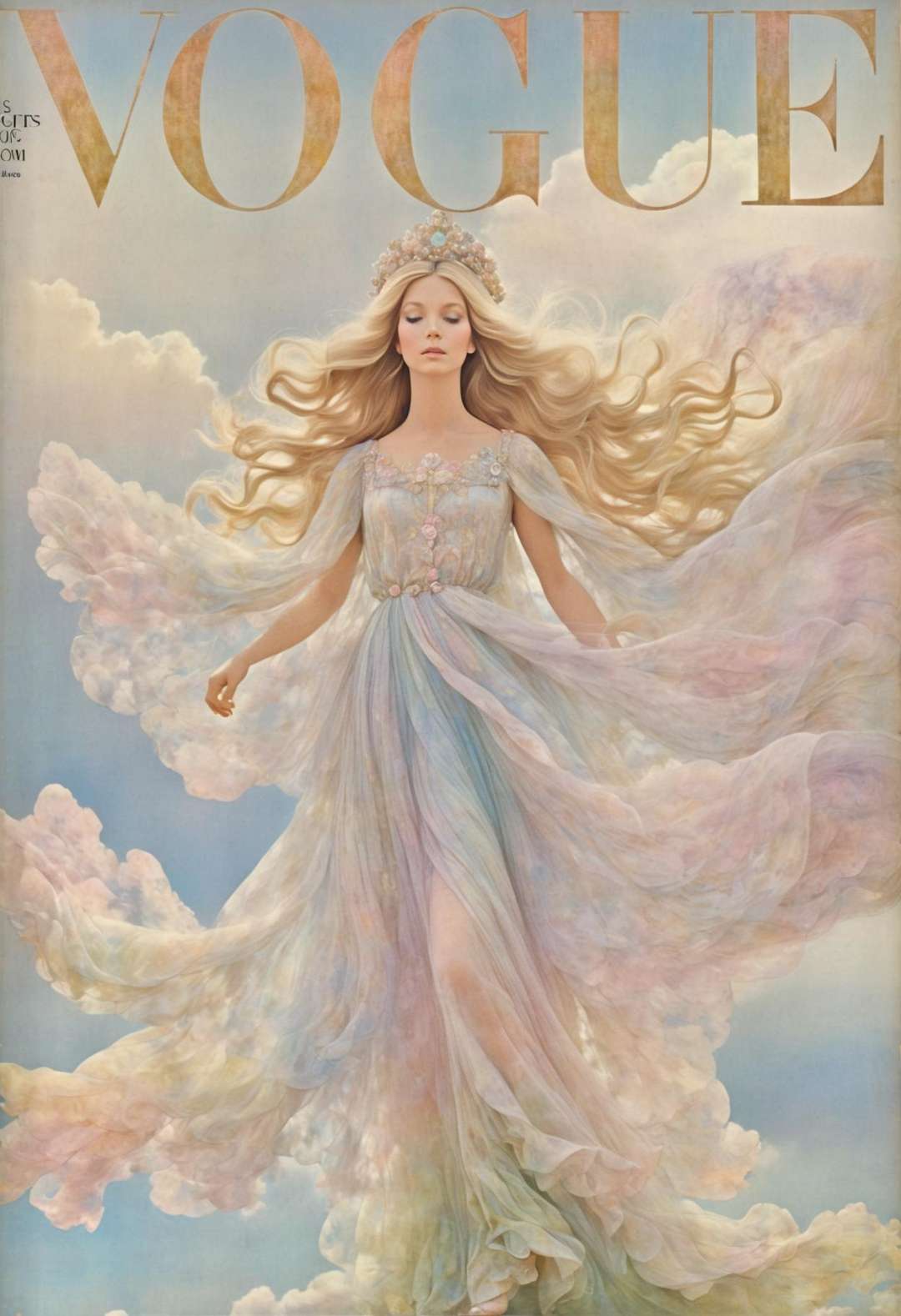 She, opalescent silk, soft pastels, dreamy clouds, flowing dress, fairy-tale allure, whimsical charm, Vogue Fashion Editorial, pastel-hued skies.,highly intricate,(VOGUE Cover Magazine:1.15),1968, 60s, black letters, hyper detailed, photorealistic,,
