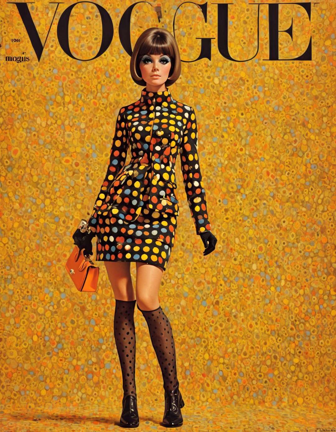 She go-go boots, polka dot miniskirt, bold colors, playful accessories, retro glamour, Harper's Bazaar 60s Edition, iconic Mary Quant fashion.,highly intricate,(VOGUE Cover Magazine:1.15),1968, 60s, black letters, hyper detailed, photorealistic,,