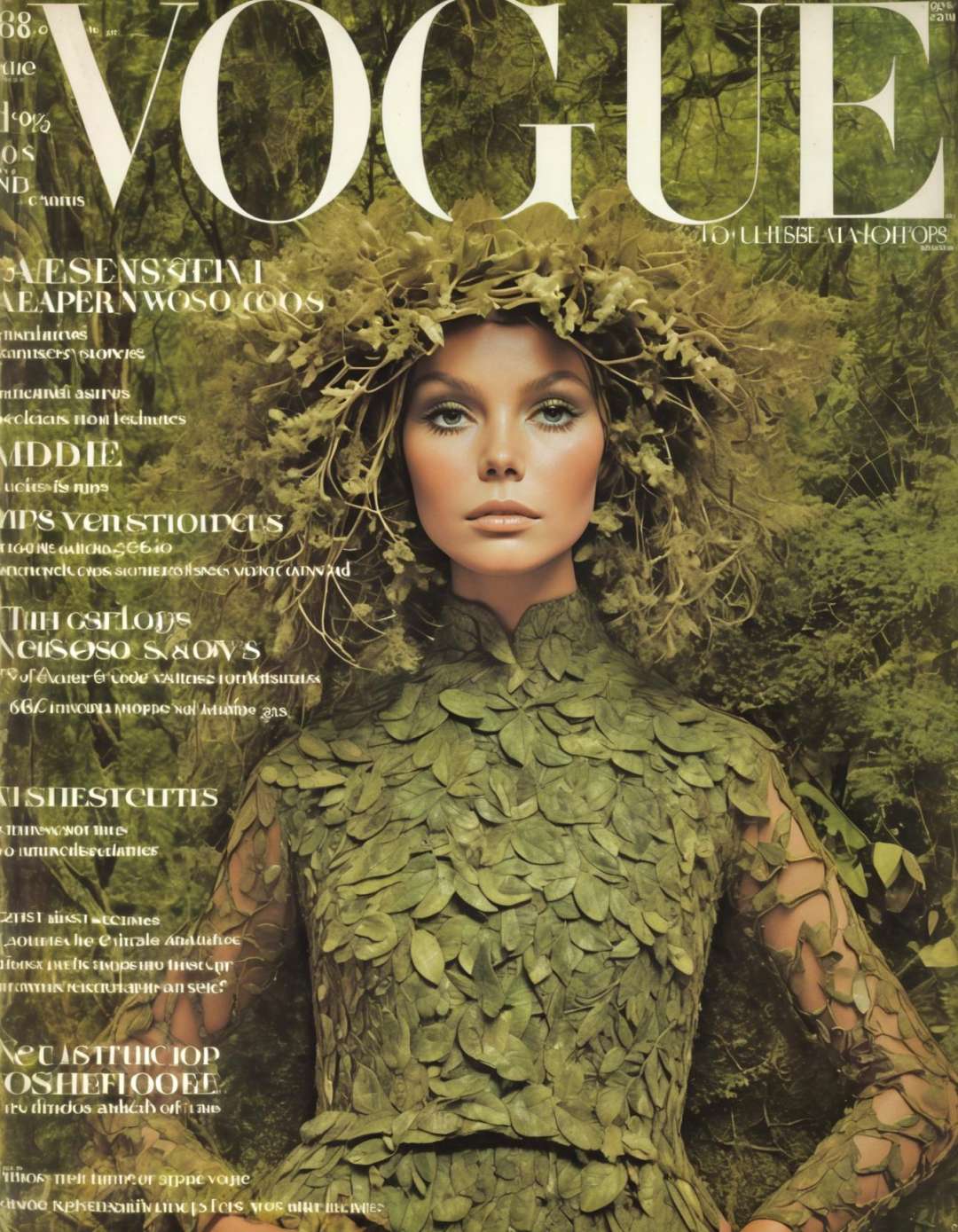 She organic textures, earthy tones, forest-inspired, eco-friendly fashion, sustainable couture, nature goddess, Green Fashion Magazine, lush woodland setting.,highly intricate,(VOGUE Cover Magazine:1.15),1968, 60s, black letters, hyper detailed, photorealistic,,