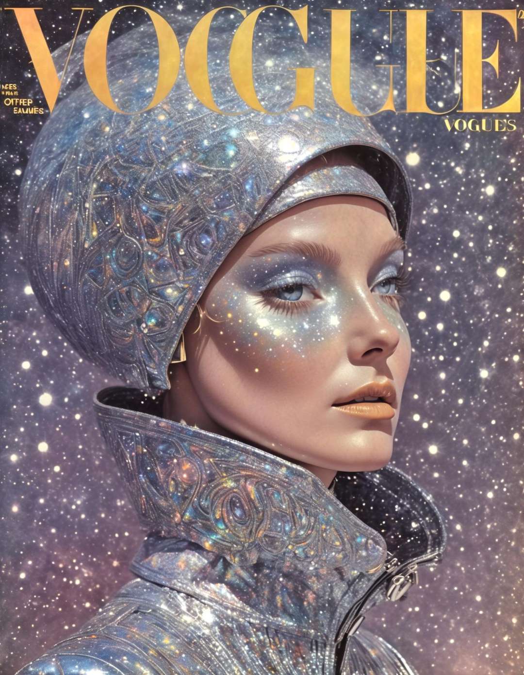 She holographic leather, intergalactic fashion, cosmic vibes, space explorer attire, otherworldly chic, interstellar glamour, Space & Time Fashion Journal, cosmic nebulae.,highly intricate,(VOGUE Cover Magazine:1.15),1968, 60s, black letters, hyper detailed, photorealistic,,