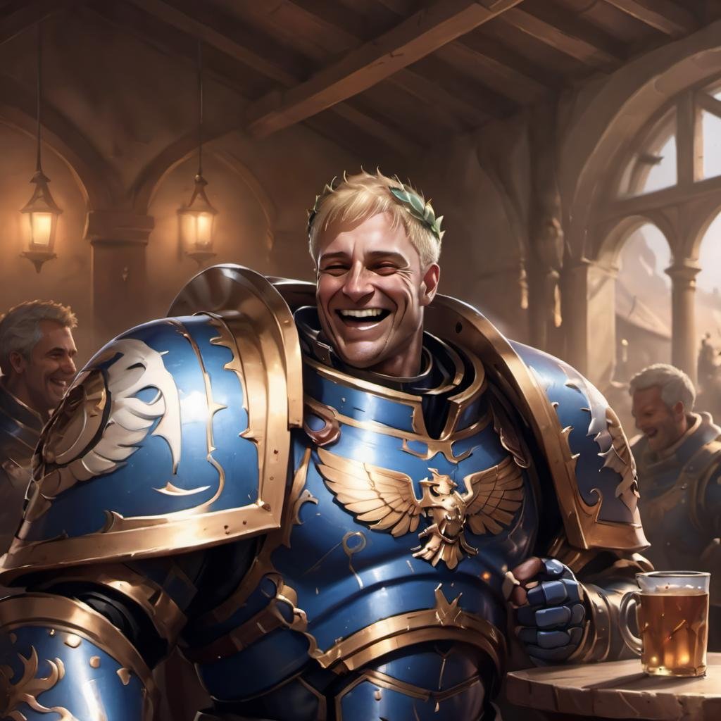 8k uhd, high quality, illustration of a man wearing knight armor, laughing in tavern, well light, cinematic, roboute, roboute face, wearing laurel, holding a cup of mead <lora:roboute guilliman-knight armor:0.7>