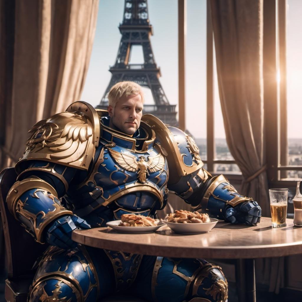 8k uhd, high quality, a photo of a man wearing metallic knight armor, eating at a restaurant at the Eiffel tower, roboute, roboute face, wearing laurel <lora:roboute guilliman-knight armor:0.7>