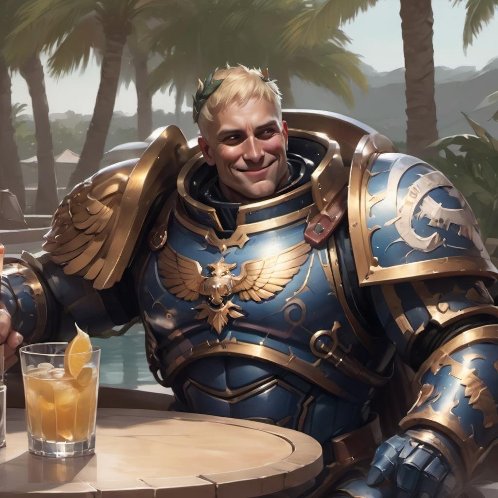 uhd 8k, high quality, an illustration of a man by a pool, smiling drinking a cocktail, wearing knight armor, roboute, roboute face <lora:roboute guilliman-knight armor:0.7>