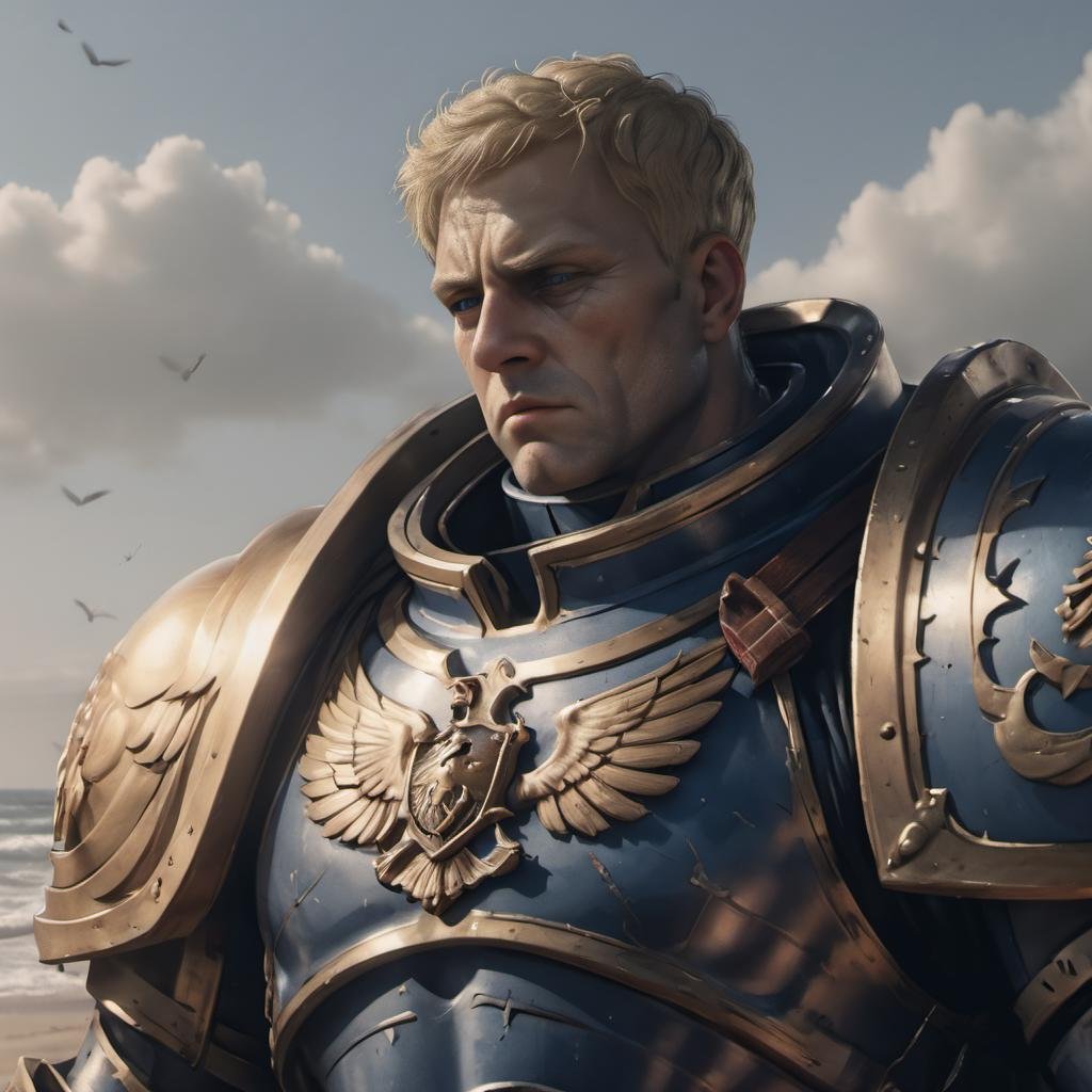 8k uhd, high quality, an illusatration of a man wearin knight armor in world war 2 fighting on omaha beach, cinematic, roboute, roboute face, wearing laurel <lora:roboute guilliman-knight armor:0.7>