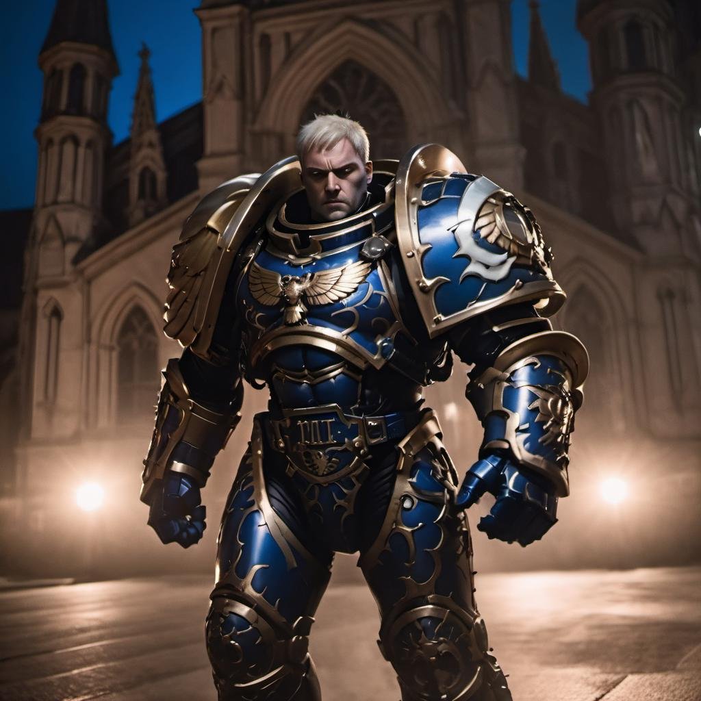 8k uhd, high quality, a photo of a man wearing metallic knight armor, walking in front of a gothic church at night, solo focus, roboute, roboute face, wearing laurel <lora:roboute guilliman-knight armor:0.7>